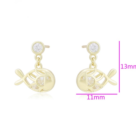 Fish Stud Earrings Moving CZ Stone Luxury Jewelry - Picture 3 of 12